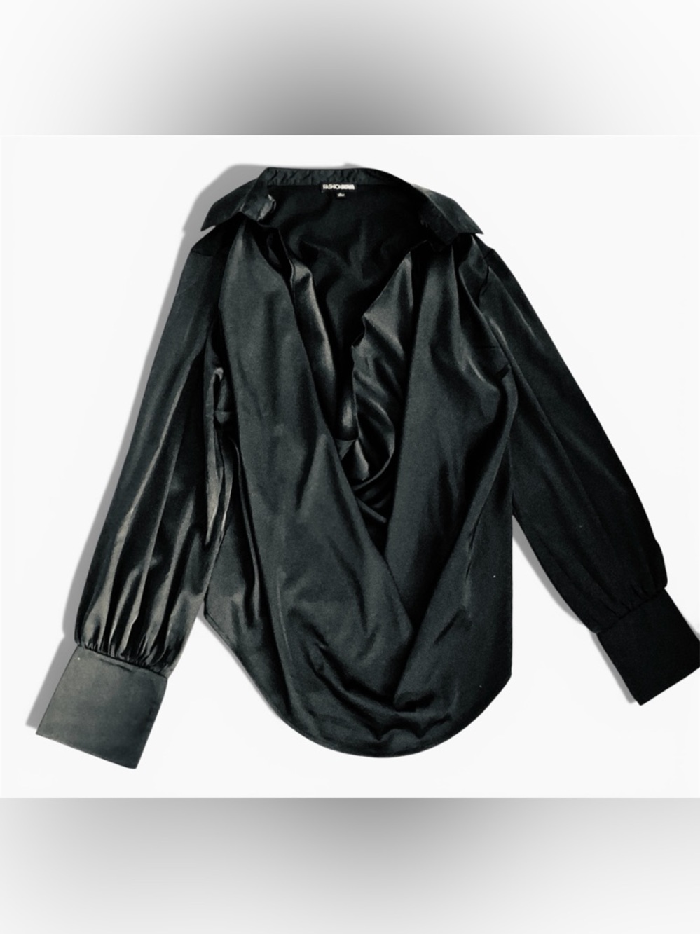 Fashion Nova Deep Scoop Black Satin Blouse Women Size L